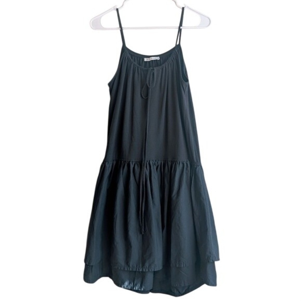 Zara Whimsigoth Boho Milk Maid Black Tie Front Pleated Bubble Hem Mini Dress